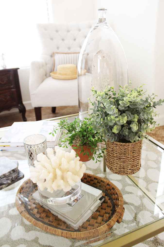 Faux Greenery, thrifted coral and Rattan coffee table vignette